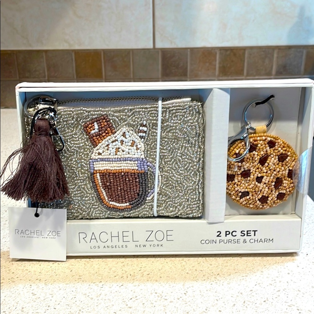 Rachel Zoe Silver Beaded Coin Purse with Brown Tassel & Tan Beaded Cookie Charm